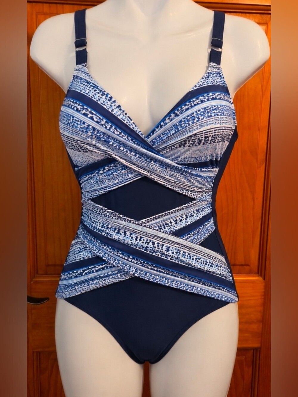 Striped Surplice Crossover Navy Blue & White One Piece XL More Conservative Back